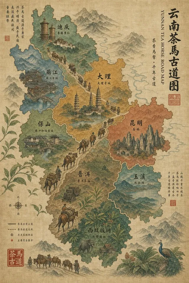Vintage Yunnan Tea Horse Road Map