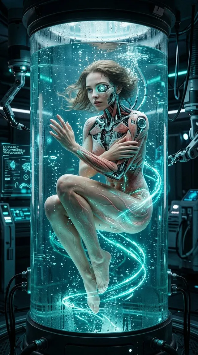 Cybernetic Woman in Cryo Tank