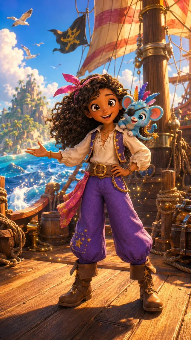 Whimsical Pirate Girl on Ship Deck