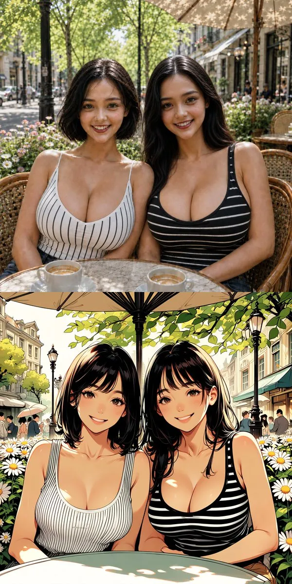 双子姉妹カフェ写真からアニメへの比較