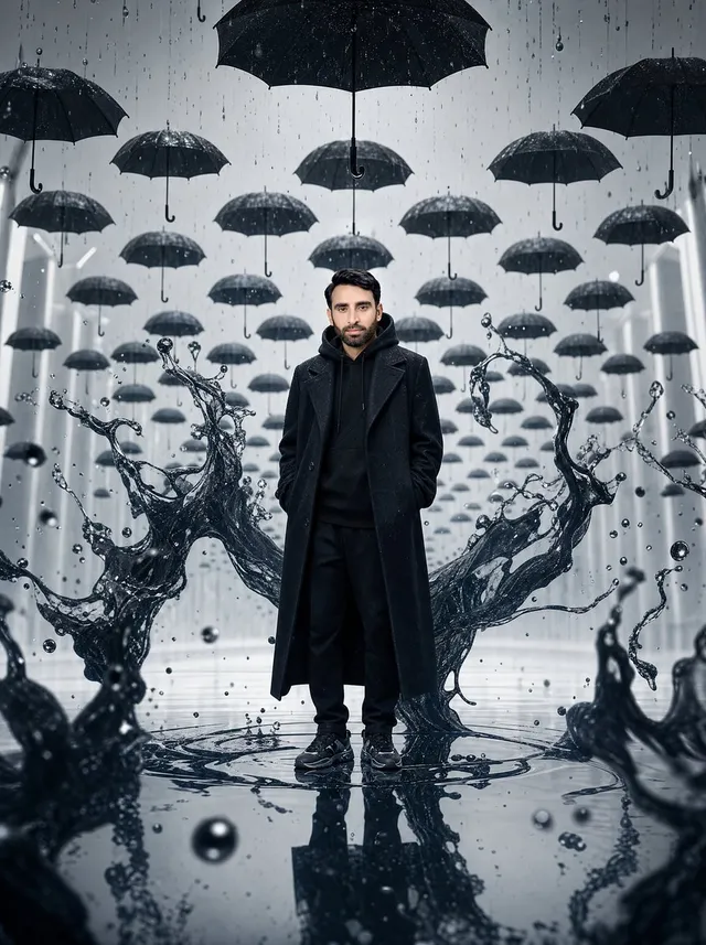 Surrealer Mann im schwarzen Regenraum