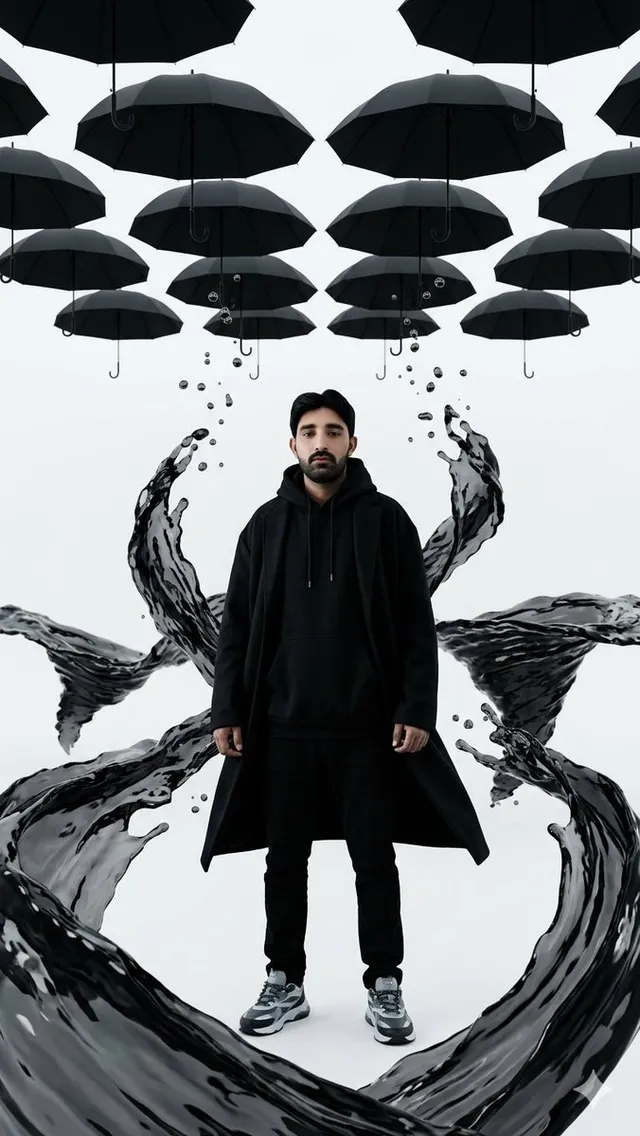 Uomo Surreale con Acqua Nera e Ombrelli