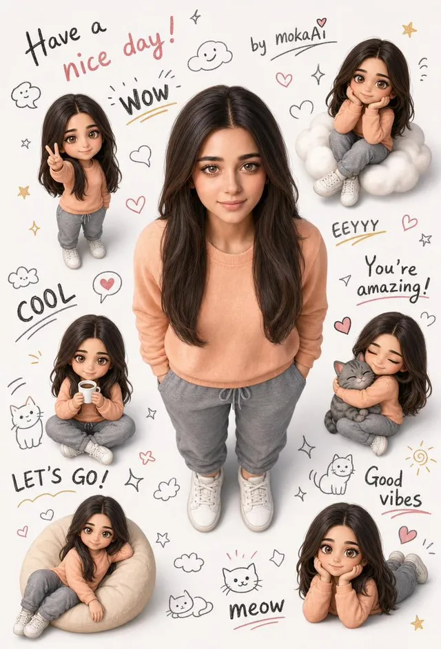 3D Portrait with Chibi Characters and Doodles