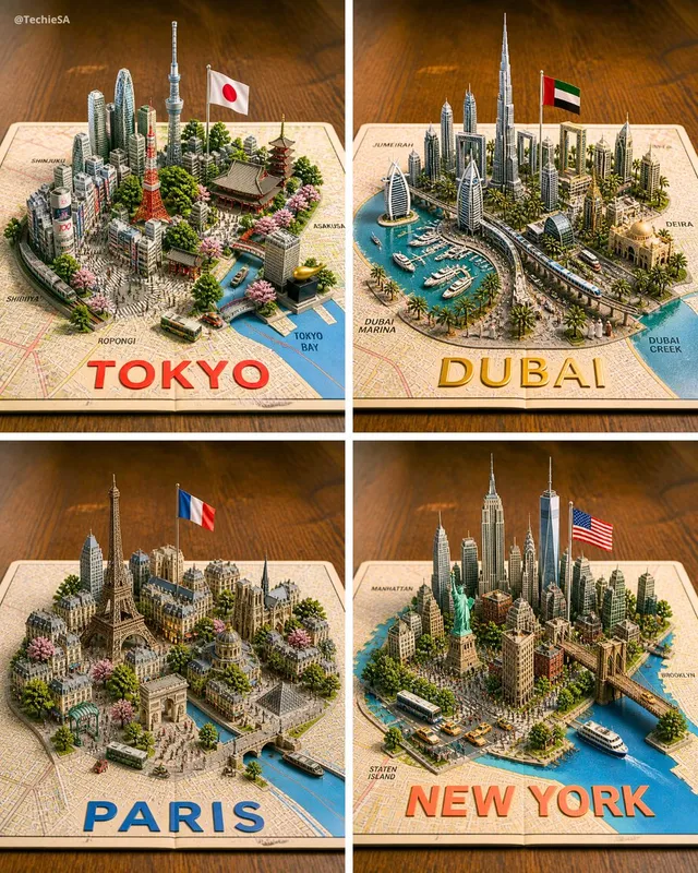 Four 3D Miniature City Maps