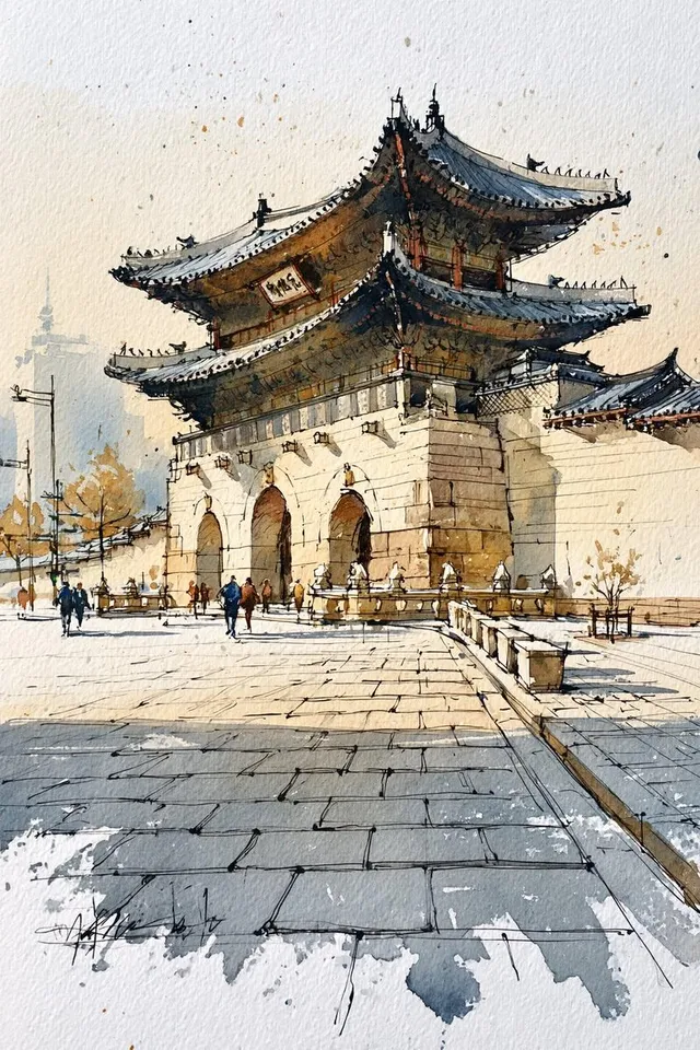 Korean Hanok Watercolor Sketch