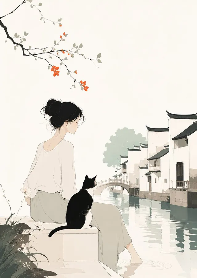 Minimalist Illustration of Girl and Cat
