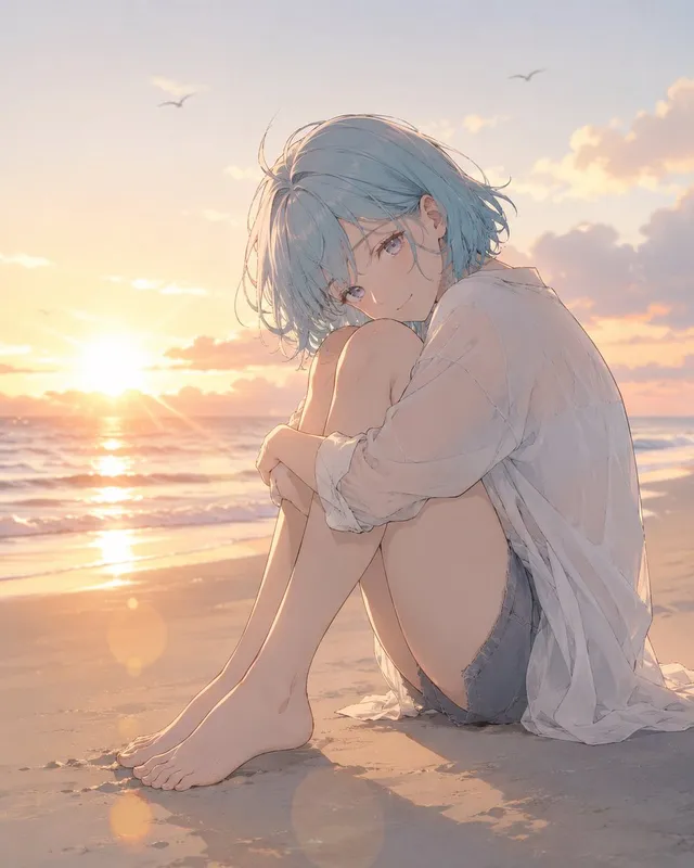 Anime-Mädchen am Sonnenuntergangsstrand