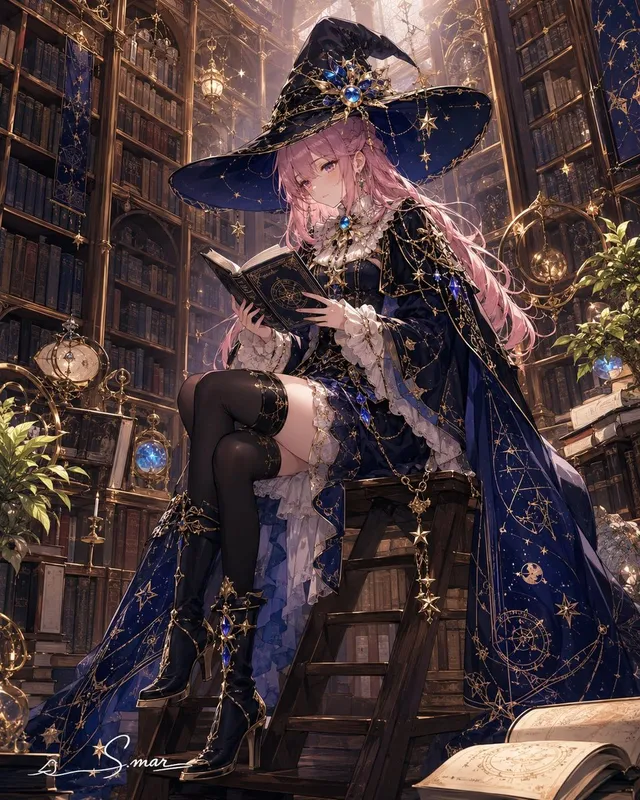 Sorcière Céleste dans une Bibliothèque Magique