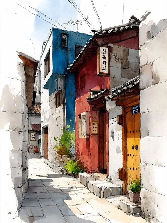 Watercolor Korean Hanok Village Sketch