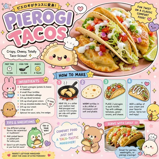 Affiche de Recette Kawaii de Tacos Pierogi
