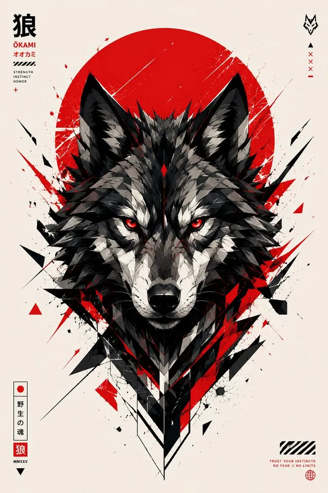 Geometric Wolf Head Japanese Poster