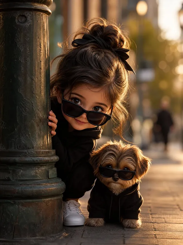Girl and Puppy Behind Lamppost