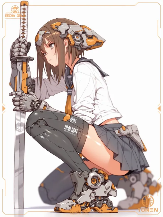 Crouching Mecha Schoolgirl Katana