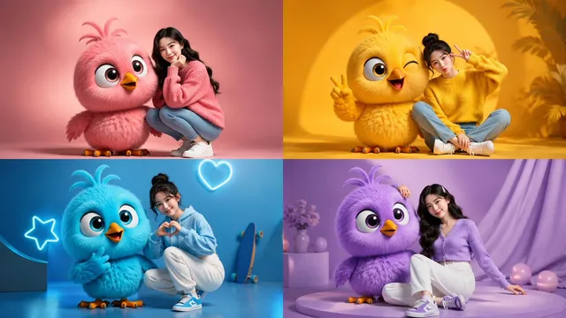 Four-Color Chick Mascot Photo Collage