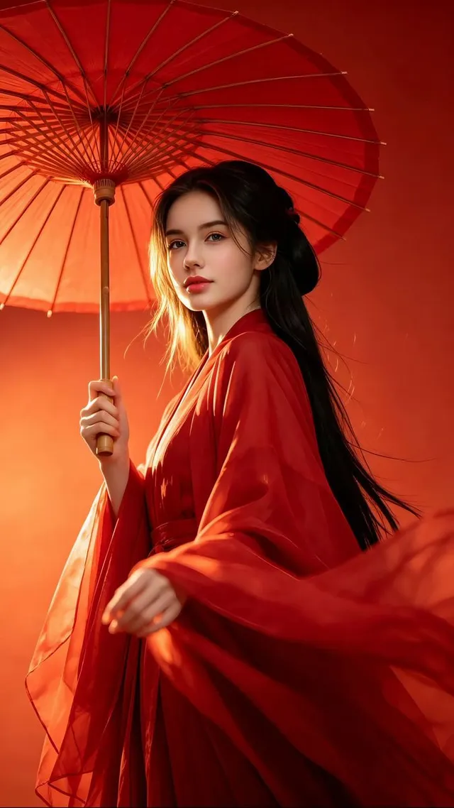 中国汉服红色奇幻肖像