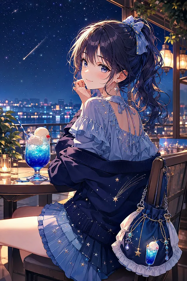 Night Sky Soda Anime Café Girl