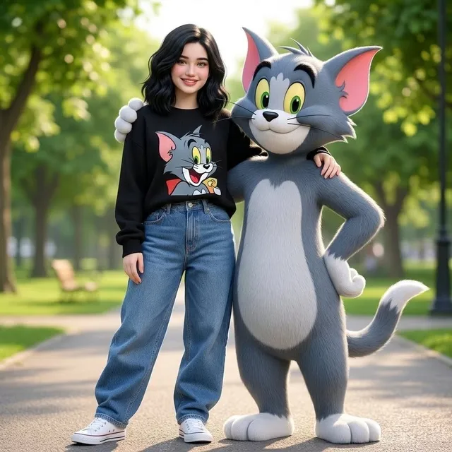 Woman Posing With Life-Size Tom Cat