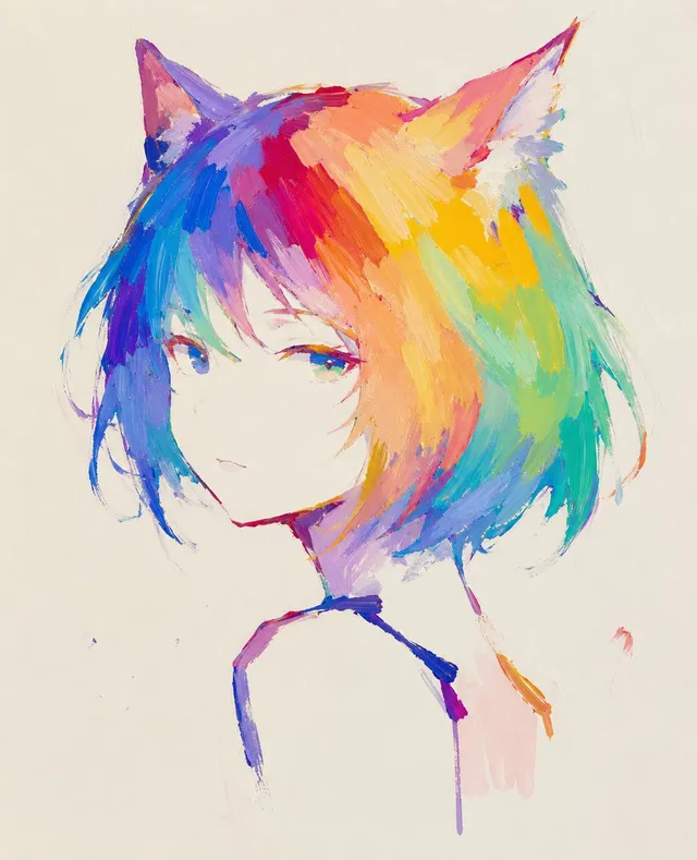 Abstract Rainbow Cat Girl Painting
