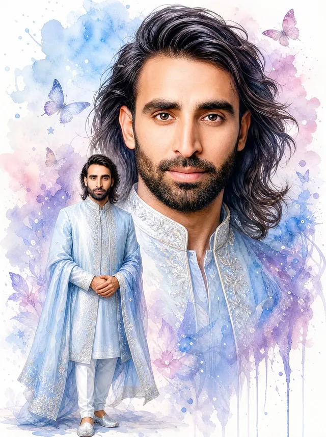 Watercolor South Asian Groom Portrait