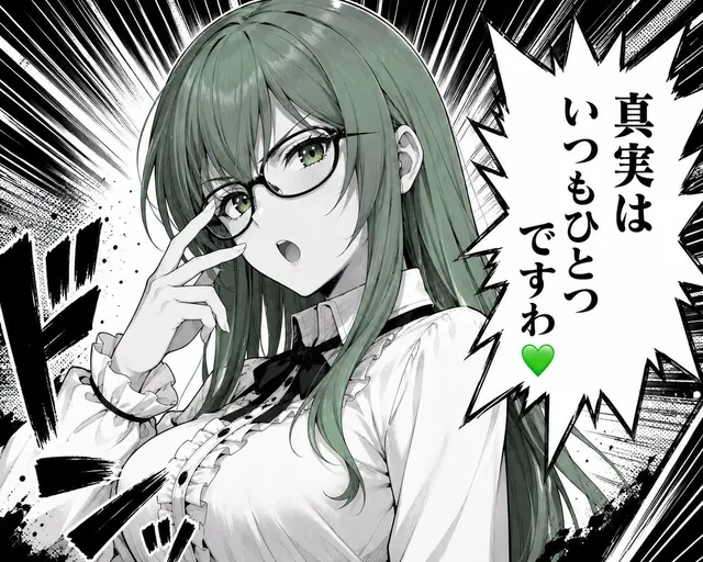 Grünhaarige Manga-Dame mit Sprechblase