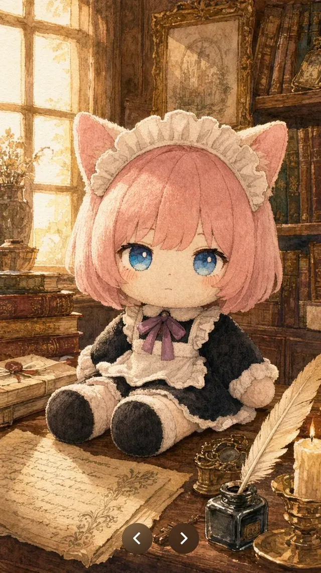 Bambola Cameriera Peluche Gatto in Biblioteca Antica
