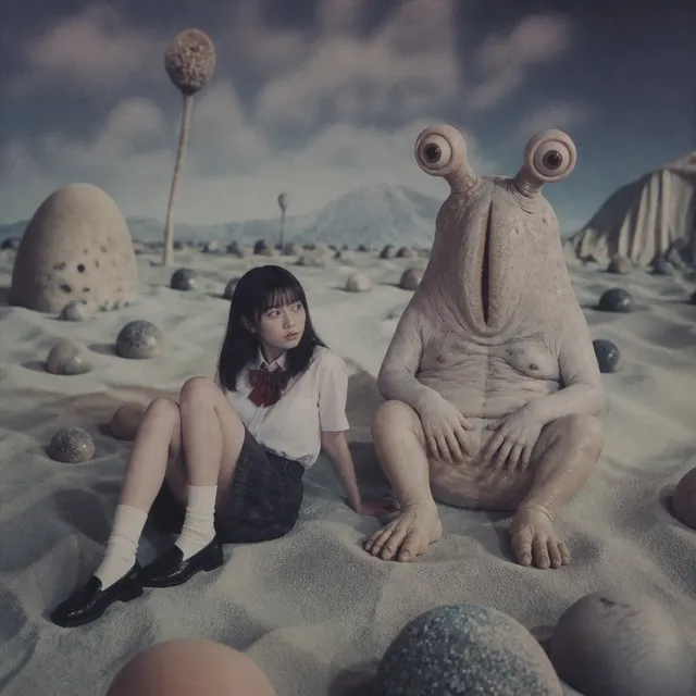 Schoolgirl and Eyestalk Alien in Sand Wasteland