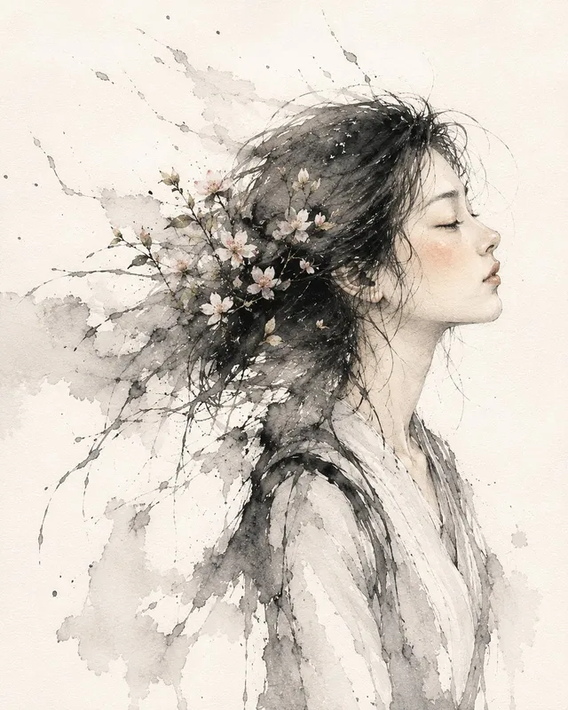 Ink Wash Cherry Blossom Portrait