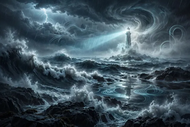 Ghostly Lighthouse Storm Seascape