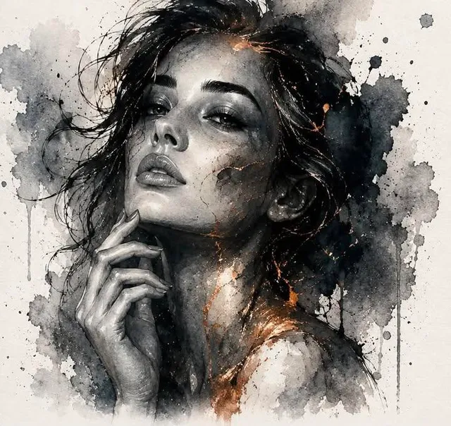 Monochrome Watercolor Kintsugi Portrait