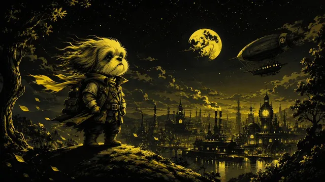 Steampunk-Shih-Tzu im Mondlicht über der Stadt