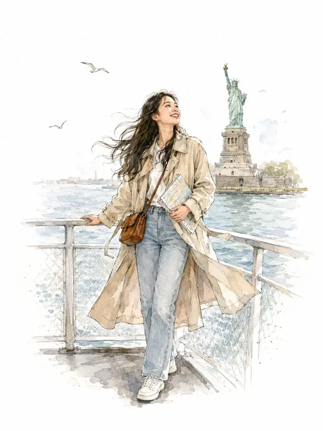 Illustrazione Acquerello di una Donna su un Traghetto di NYC