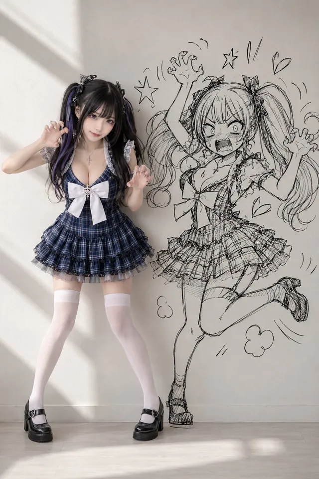 Cosplay女孩与漫画涂鸦影子
