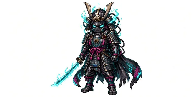 Pixel Art Cyber Samurai Chibi al Neon