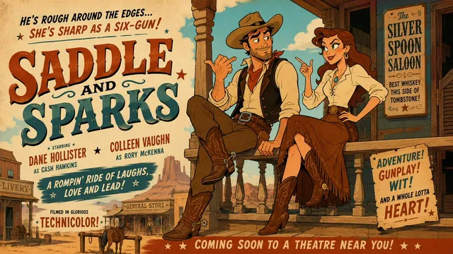 Dessin animé de bande-annonce de film western Mid-Century