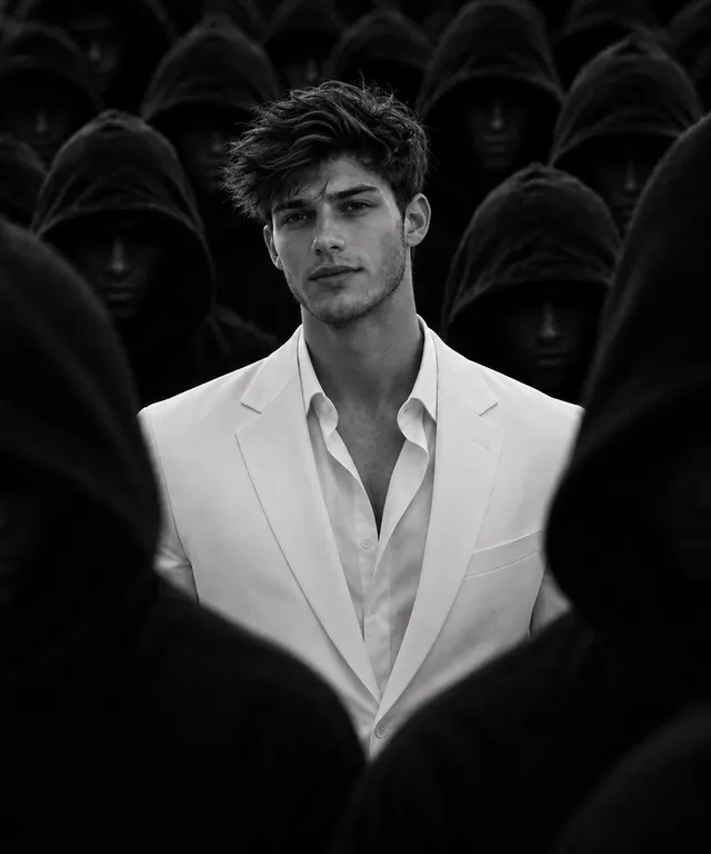 White Suit Man in Hooded Crowd