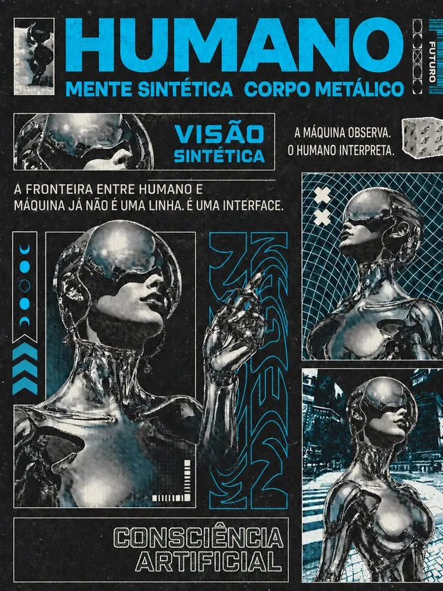 Affiche Collage Éditorial Rétro-Futuriste Chrome Humanoïde