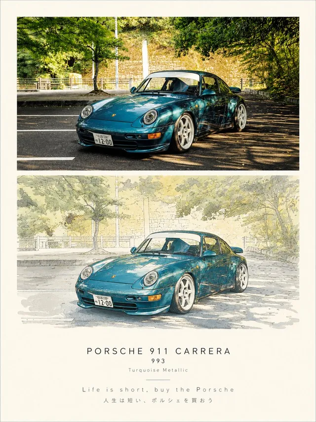 Porsche 911 Photo and Watercolor Poster