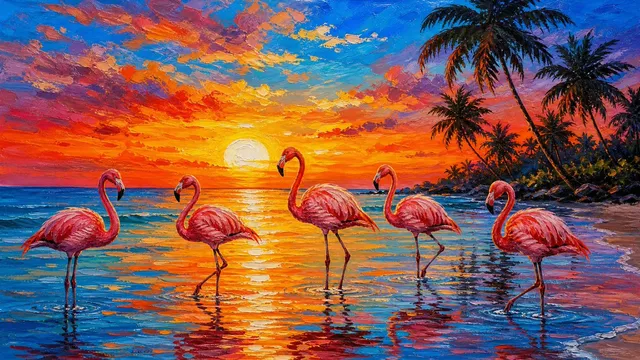 인상주의 플라밍고 일몰 그림