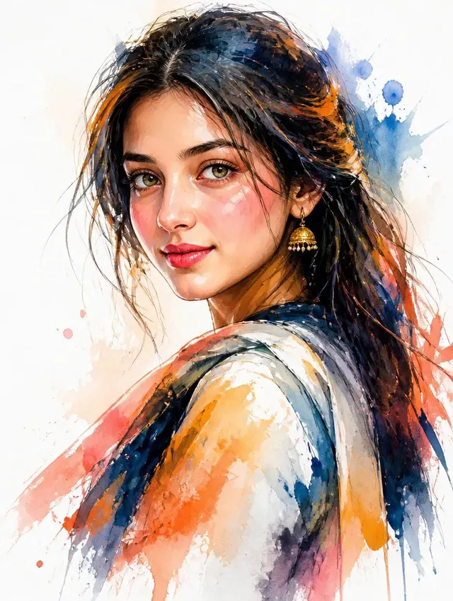 Watercolor Mixed-Media Woman Portrait