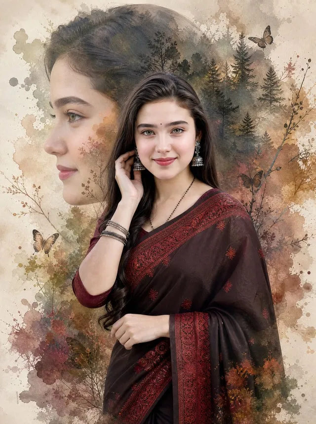 Watercolor Double Exposure Saree Portrait