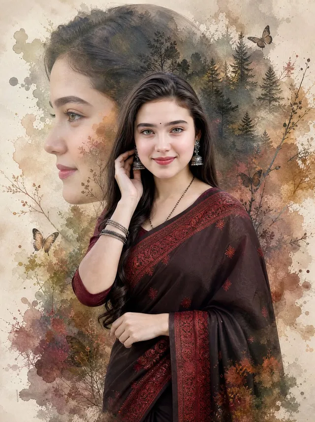 Cinematic Double Exposure Saree Portrait
