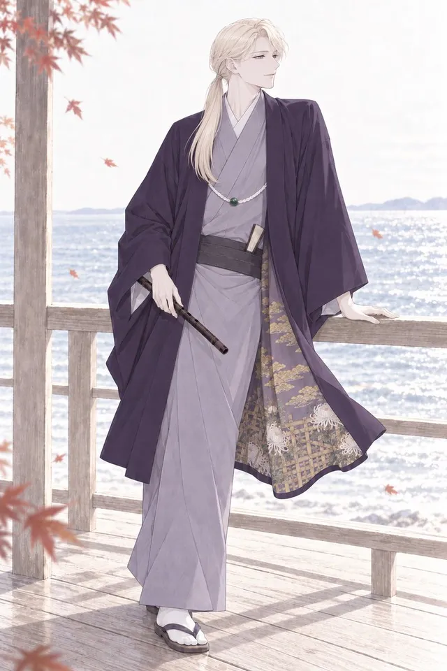 Elegant Autumn Kimono Man by the Sea