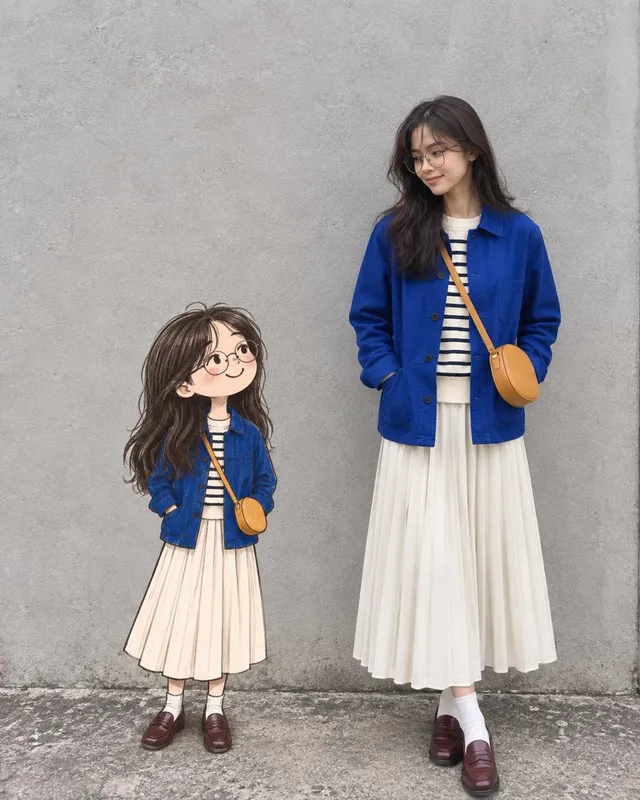 Real Woman with Illustrated Twin