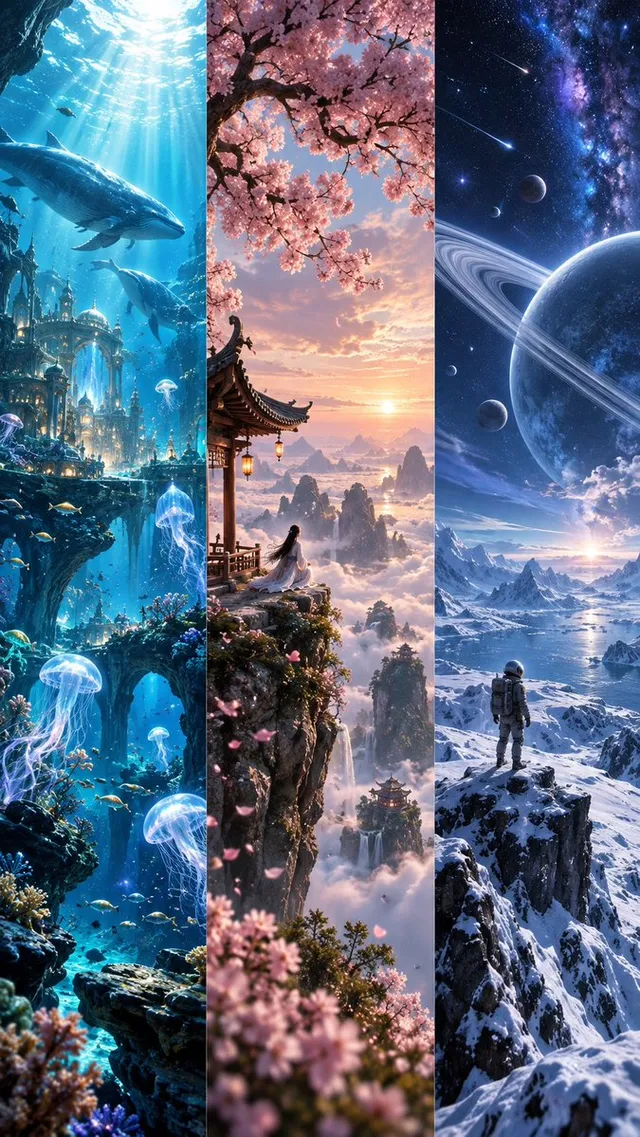 Fantasy Worlds Vertical Triptych