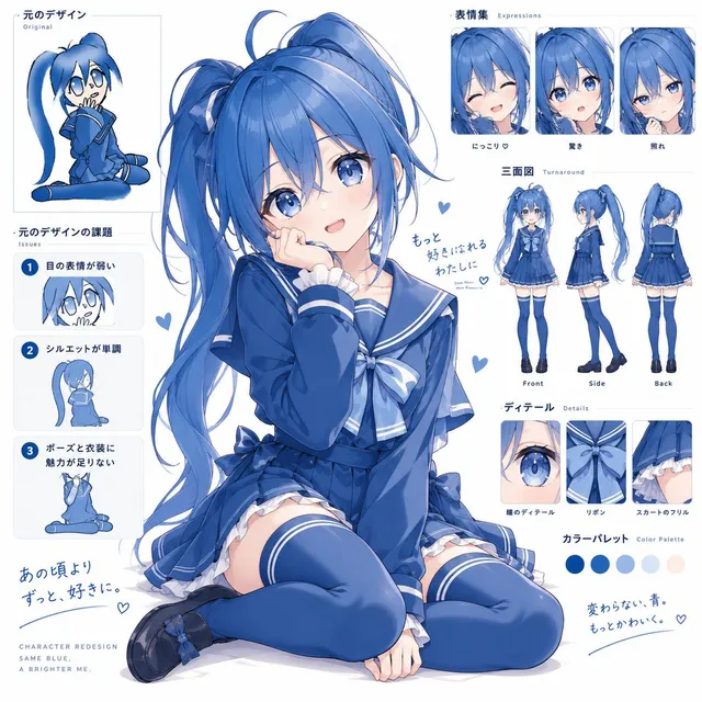青いアニメキャラクター再デザインシート
