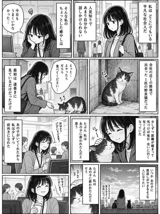 Monochrome Manga Woman and Stray Cat