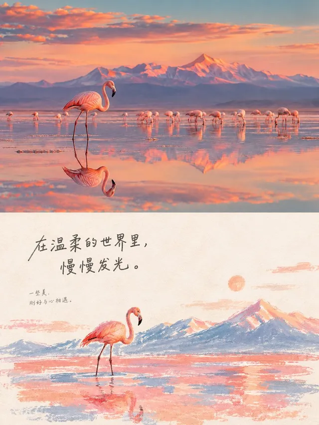 Flamingo Sunset Photo & Watercolor Illustration